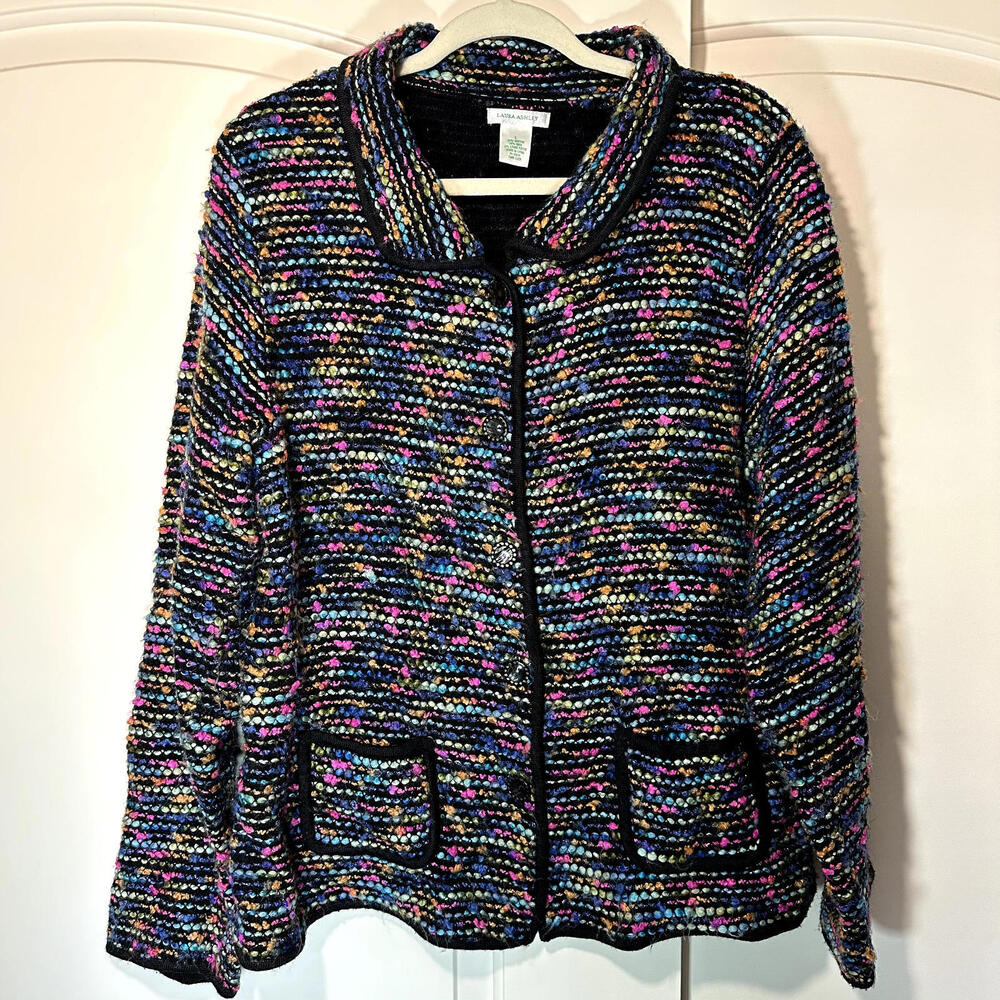 Laura Ashley Vintage Wool Blend‎ Yarn Colorful Cardigan Blazer Jacket Womens L